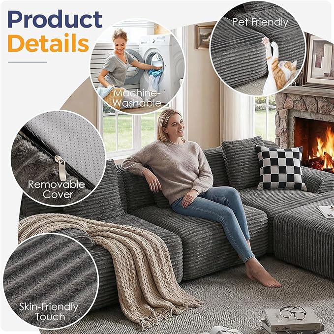 VK·LIVING 113 Cloud Sectional Couch Deep Seat Boneless Sofa with Wide Armrests 16.5'' Height Modular Plush Corduroy Memory Foam Couch for Living Room Office No Assembly Dark Gray