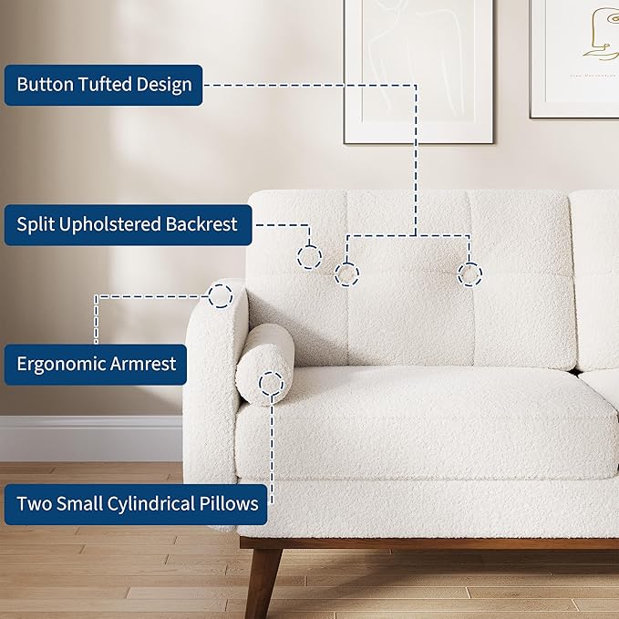 Garvee 65 Mid Century Modern Loveseat Sofa for Small Spaces 2 Seater Boucle Upholstered Couch with Button Tufted Design &amp Wood Legs Small Couch for Living Room Bedroom Office Apartment Beig