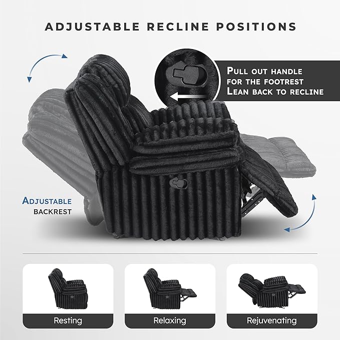 Lexicon Manual Double Reclining Loveseat with Center Console Corduroy Manual Wall Hugger Recliner Couch Pillow Top Arms Cup Holders Hidden Storage Cozy Loveseat for Living Room Black