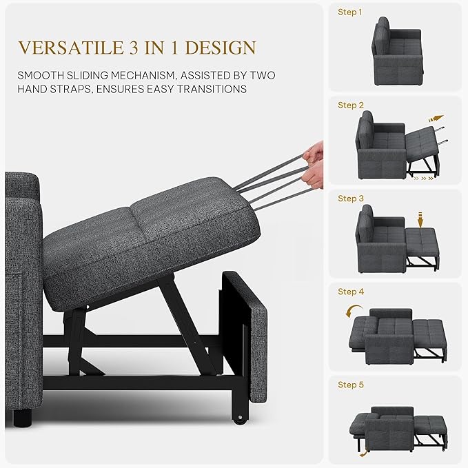 DWVO 55 Convertible Sofa Bed 3-in-1 Sleeper Sofa with Pull-Out Bed Linen Futon Couch with Adjustable Backrest and Side Pocket Modern Loveseat for Living Room Apartment Grey