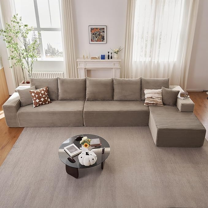 Cloud Modular Sectional Sofa for Living Room167x69.7 Oversized L-Shaped Couch with 7 PillowsBig Comfy Couches SetFluffy Deep-Seat Corduroy Sofa with ChaiseNo Assembly (CamelRight-Facing Chaise)