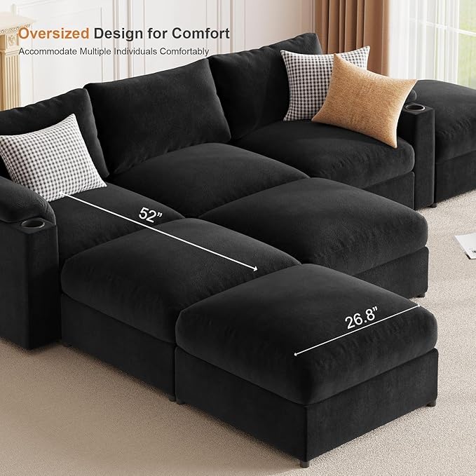 Sectional Couches for Living Room FSC Certified Velvet Modular Couch Oversized Cloud U Shaped Convertible Sleeper Sofa Chaise Detachable Armrest Cushio (Chenille Black U Shape 8 Seat)