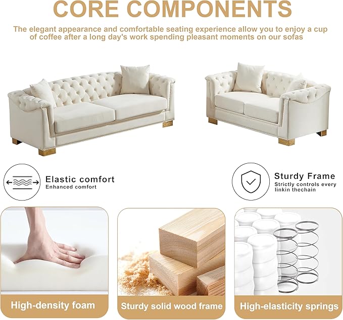 2 Pieces Chesterfield 84 3-Seater + 62 Loveseat Beige Velvet Combination Sofa Sets 4 Cushion Classic 6.5 Rolled Arm Modern Couch Suitable for Living Room