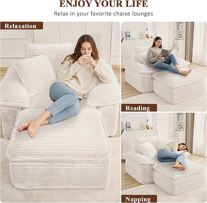 Oversized Sofa Chair with Movable 2-Layer Ottoman Corduroy Chaise Lounge Chair with Armrests Pillows Oversized Reading Accent Chairs Couch for Living Room Bedroom No Assembly (White)