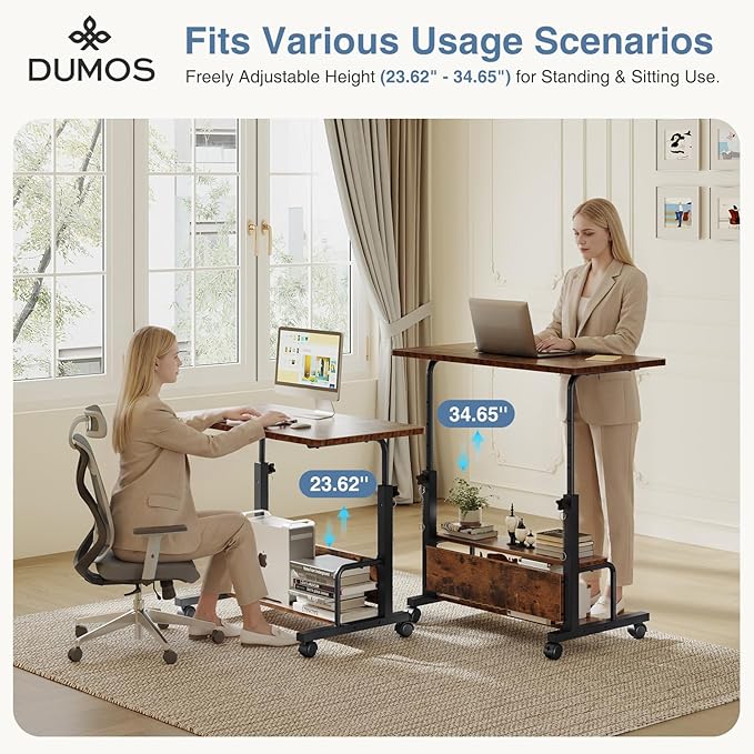 DUMOS 31.5 Manual Standing Desk Height Adjustable Mobile Computer Desk with Lockable Wheels &amp 2-Tier Storage Rolling Laptop Table for Small Spaces &amp Home Office Rustic Brown