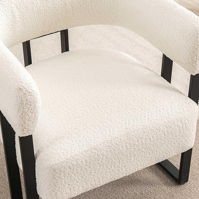 YOUNIKE Accent Chair White Upholstered Teddy Velvet Single Sofa Modern Corner Round Padded Armrest Club Boucle Armchair for Living Room Bedroom Office Hotel Lounge Nursery Apartment Black Metal Stand