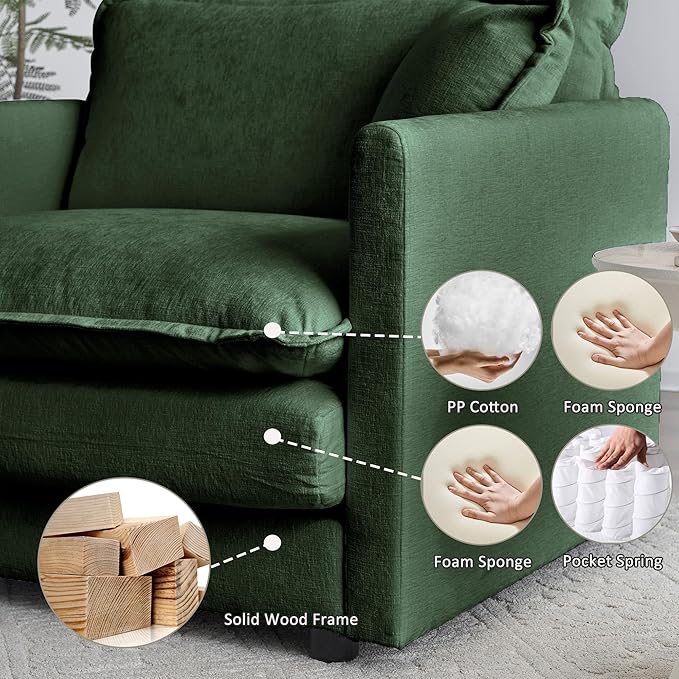 41.4 Chenille Oversized Accent Chair Comfy Single Sofa Cloud Couch Chair Modern Luxury Armchair with Pillow for Living Room Bedroom Apartment Office Green