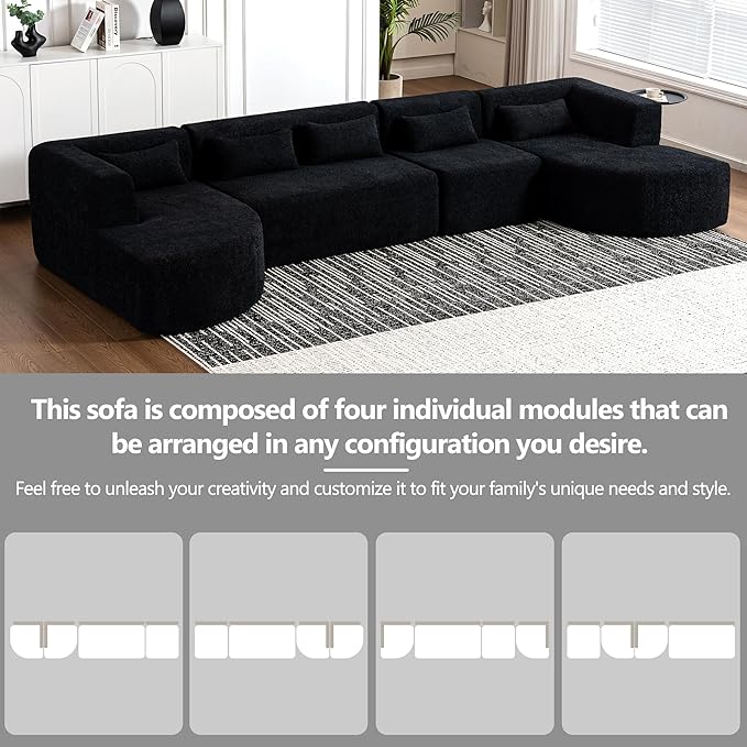P PURLOVE Modular Sectional Sofa 4 Free Combined Couch Boucle Fabric Modern Upholstered Sofa with 2 Chaise Lounge and 5 Back Pillows for Living Room Office Apartment (Black)