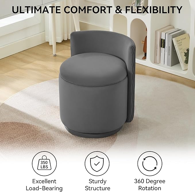 Velvet Vanity Chair with Storage 360° Swivel Makeup Chair with Wave Back No Assembly Small Accent Stool for Bedroom Dressing Living Room Grey
