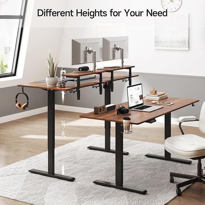 ONBRILL Standing Desk with 2 Adjustable Monitor Shelves 71 x 24 Inches Electric Stand Up Desk with Memory Controller and Adjustable Height from 28-46 inches for Computer Workstations Walnut