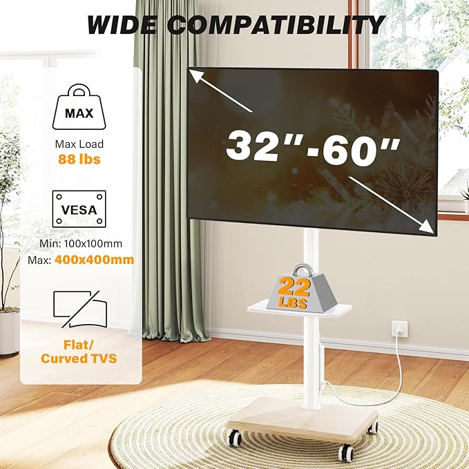 5Rcom Rolling TV Stand with Power Outlet for 32-60 inch TVs Swivel and Height Adjustable Mobile TV Stand with Shelf Strong TV Cart on Wheels up to 88 lbs for Living Room Bedroom and Office White