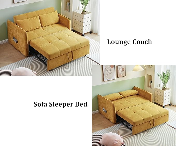 JULYFOX Yellow Pull Out Sofa Sleeper Bed 53.5 inch Wide Loveseat Couch Sleeper with Armrest 2 Throw Pillows Heavy Duty Design for Small Spaces
