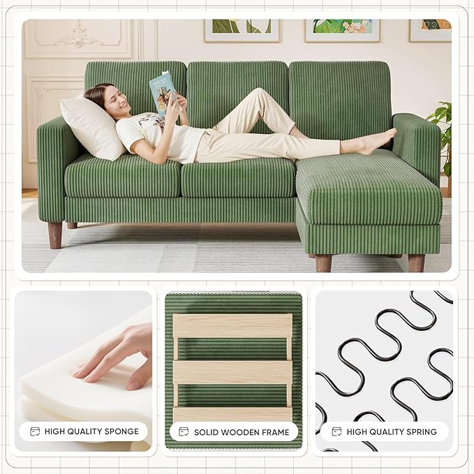 Homall Convertible Sectional Sofa 3 Seat L Shaped Couch with Side Storage Pocket Sofas with Movable Ottoman Corduroy Small Couches for Living Room &amp Apartment (Corduroy Green)