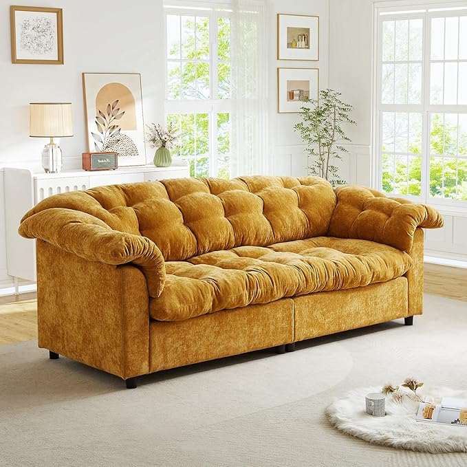 Modern Sofa Couch 94.8W Chenille Tufted Fluffy Comfy Cloud Couch with Tutfted Design &amp Armrest Pillow Upholstered Oversized Loveseat Sofa for Living Room Bedroom Office Apartment Yellow