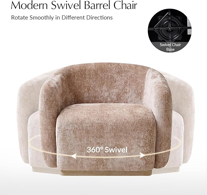 HULALA HOME Swivel Accent Chair with Solid Wood Base Chenille Curved Swivel Barrel Chair Modern Club Armchair Upholstered Single Sofa for Living Room No Assembly Required Sand