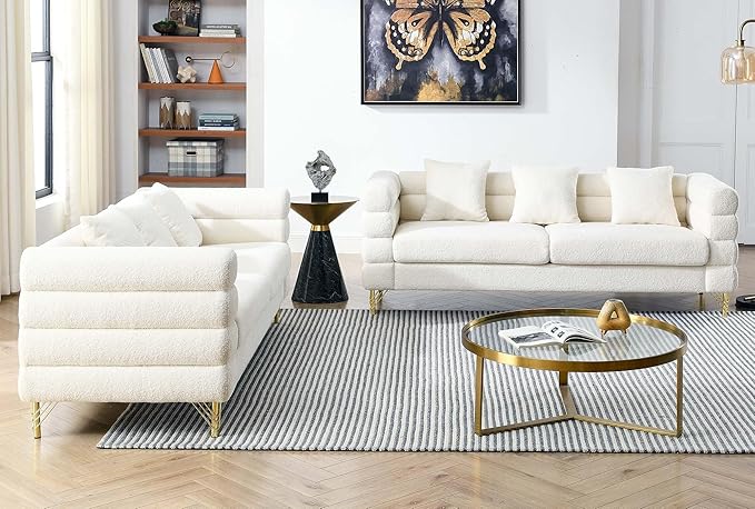 Antetek 81-inch Couches for Living Room Modern Teddy Fabric Upholstered Sofa Couch with Square Arm and 4 Golden Metal Legs for Living Room Office Apartment White
