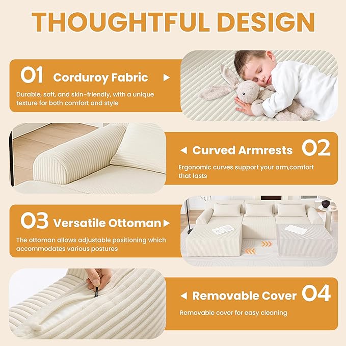 116 Boneless Couch Sectional Couches for Living RoomCloud Modular Sectional Sofa with Ottoman L-Shaped Modern Sofa with Deep Seat &amp High-Back DesignCorduroy 4-Seater Chaise Couch with 5 Pillows
