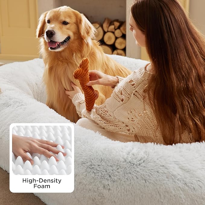 Bedsure Calming Human Dog Bed 71 x 44 x 12 Giant Human Dog Bed for Adults People Fits Pet Families with Storage Pocket Fluffy Faux Fur Orthopedic Pet Bean Bed Frost Grey