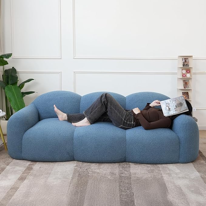 90 Modern Teddy Velvet Sofa Couch – One-Piece Memory Foam 3-Seater Sofa with Rounded Arms Soft &amp Cozy Upholstery for Living Room