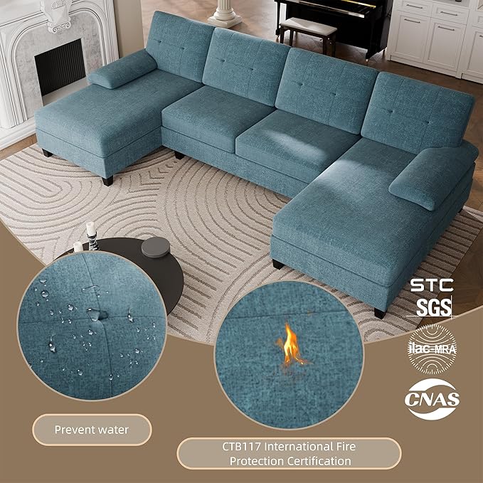 Walsunny Sectional Couches for Living Room Convertible U-Shaped Sofa Couch with Double Chaise 4 Seat Sofa Set Modular Sectional Sofa for Living Room Apartment Bedroom New Blue