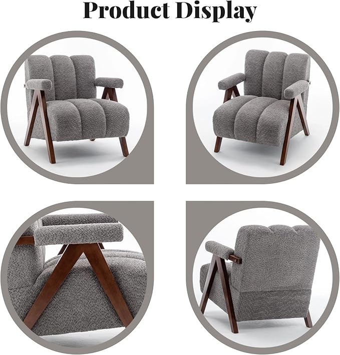 Mid Century Modern Accent Chair with Solid Wood Frame Boucle Upholstered Living Room Chairs with Thick Cushion Comfy Tufted Arm Chair for Bedroom Grey