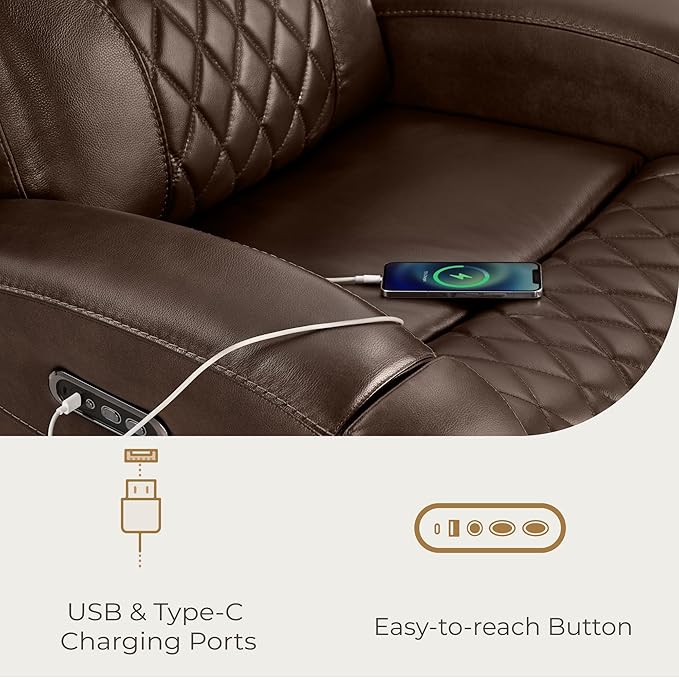 CHITA Genuine Leather Recliner Chair for Adults with Adjustable Power Headrest Lay Flat Power Recliner with Slide-Out Cupholders &amp USB/Type-C Ports Living Room Chair Brown