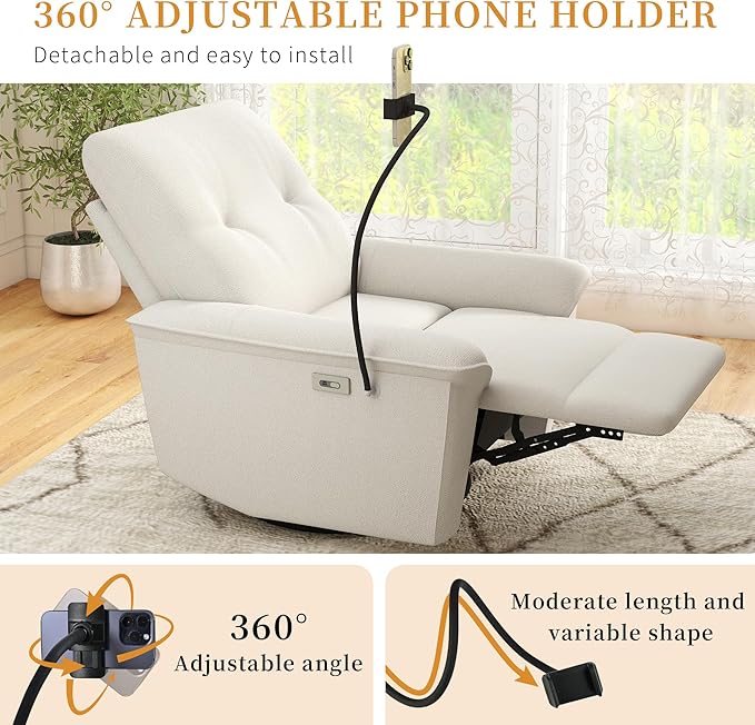 Power Swivel Rocker Recliner Chair for Nursery Upholstered Glider Rocking Chair with Phone HolderUSB Ports Small Recliners for Small Spaces Living Room Bedroom