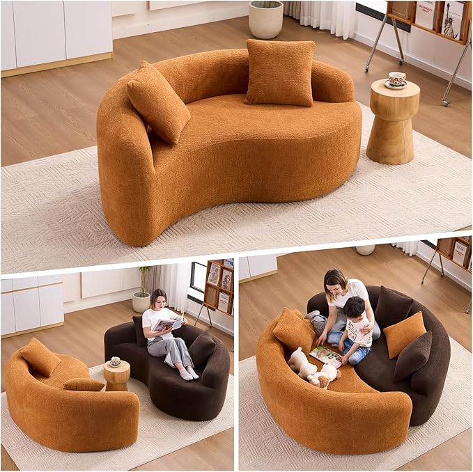 Luxury Modern Chenille Sectional Sofa Tai Chi Curved Compression Couch Boucle Cozy Soft Loveseat for Living Room Apartment Office (Orange)
