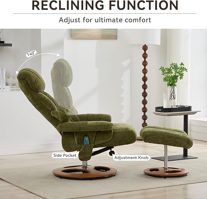 FOXHUNTER Chenille Recliner Chair with Ottoman Modern Massage Swivel Lounge 360° Swivel Rocker Recliner Comfy Modern Accent Arm Chairs for Living Room Bedroom (ChenilleGreen)
