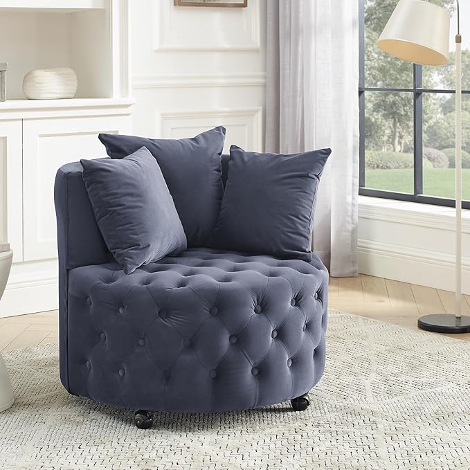 JOYBASE Swivel Barrel Chair Round Swivel Accent Chair Comfy Circle Club Lounge Chair Armchair Modern Sofa Chair for Living Room Office Bedroom (Blue-Grey Velvet)