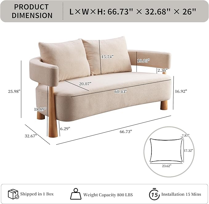 67 L Loveseat Sofa Mid Century Modern Sofa Couch with 2 Pillows Comfy Chenille Couches Upholstered Small Sofa for Living Room Bedroom Apartment &amp Office Easy Assembly Pebble