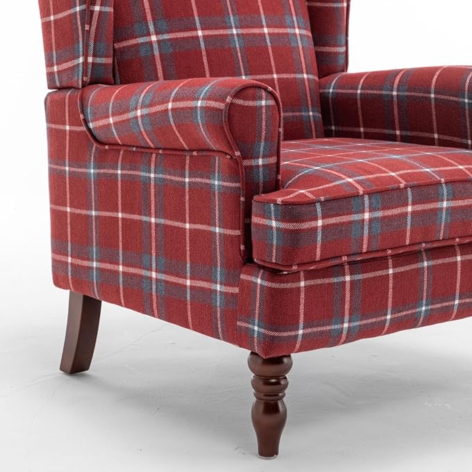 Modern Accent Chair with Retro Wood Legs Comfy Upholstered ArmchairTantan Check Design Single Sofa Chair for Living Room Bedroom Office - Red