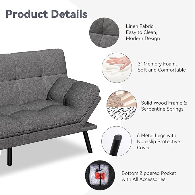 Vyfipt Convertible Futon Sofa Bed 71 Memory Foam Futon Couch with DetachableAdjustable BackrestLinen Fabric Folding Small Loveseat Sleeper for for Living RoomRVOfficeApartmentLight Grey