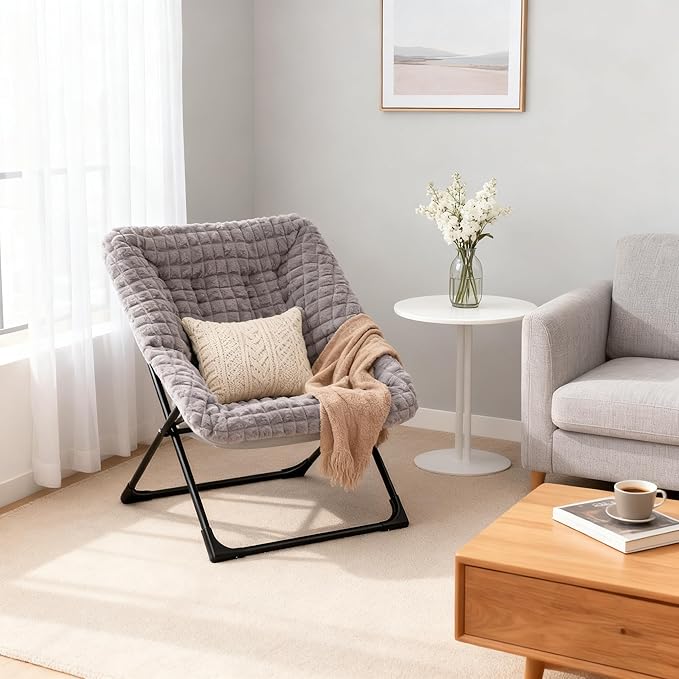 HollyHOME X-Large Saucer Chair Comfy Oversized Folding Chair Faux-Fur Reading Chair for Teens Adults Foldable Accent Lazy Chair Metal Lounge Chair for Living Room Bedroom Dorm Grid Blue&ampGr