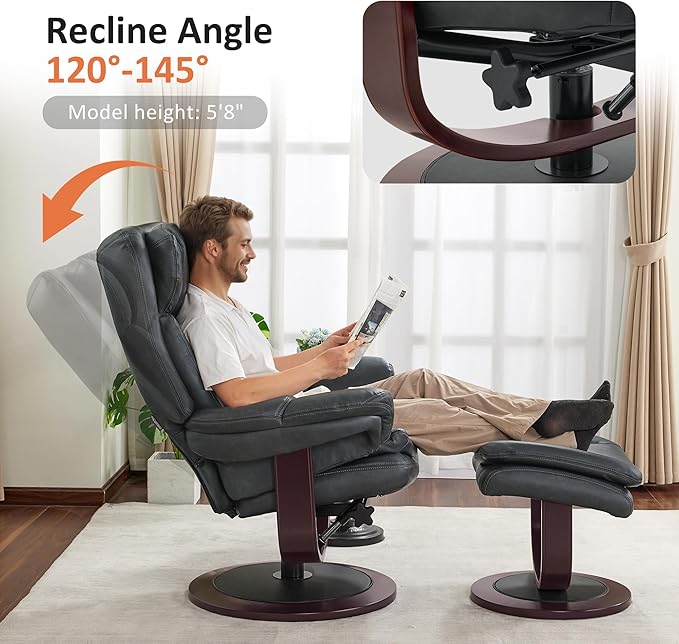 MCombo Oversized Swivel Recliner Chair with Ottoman Adjustable Backrest 360° Wood Base High Seat Faux Leather Lounge Chair for Tall Users in Living Room Bedroom or Office 4651 (Dark Grey)
