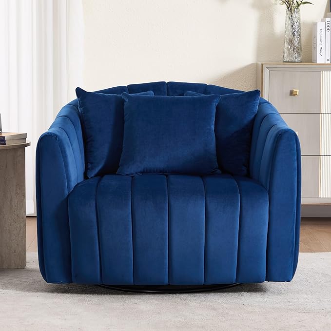 Mlmh &amp Kngwa 40.35 W Swivel Accent Chairs Oversized 360 Degree Swivel Barrel Chair with 3 Pillows Velvet Armchair for Living Room Bedroom Navy