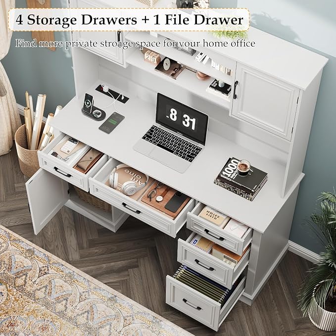 67H Farmhouse Executive Desk with Hutch.Wood Workstation with 5 Drawers Storage Cabinet File Drawers and Charging Station Ideal as Office Desks Computer Desk for Home Office and Study.Cream White