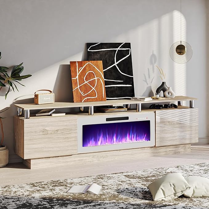80 Modern Fireplace TV Stand with 36 Electric Fireplace for TVs Up to 90 inch Luxury LED Light Entertainment Center with High Gloss Cabinet Grey + Silver Posts with White Fireplace