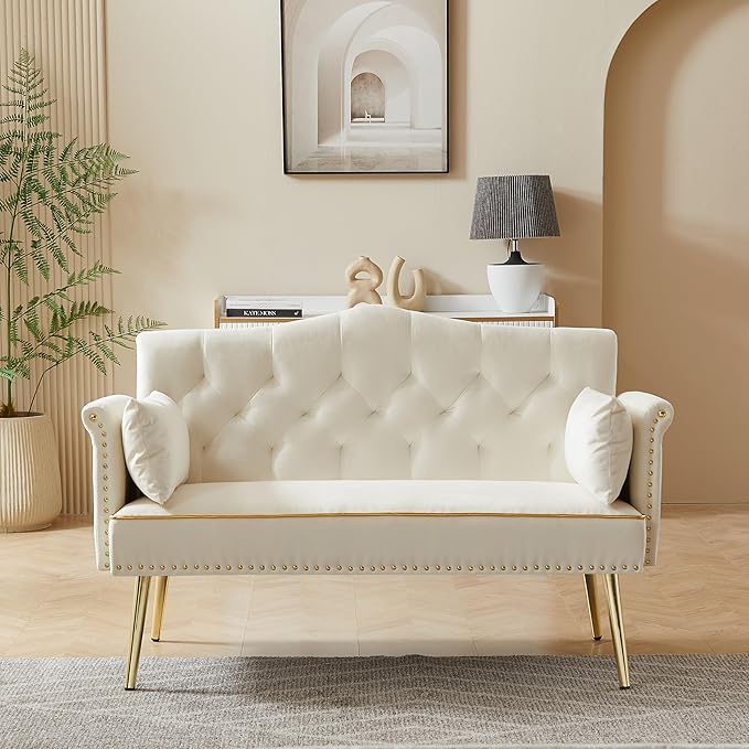 55-Inch Modern Velvet Loveseat Sofa with Gold Metal Legs &amp Side Pockets Tufted Backrest Perfect for Living Room Bedroom or Office (Modern Beige)