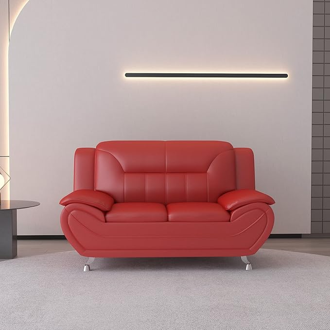 Michael Modern Faux Leather Upholstered Stainless Steel Legs Living Room Loveseat Persian Red