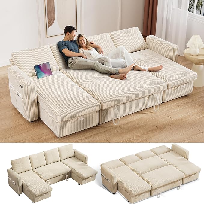 Vipbear 104 Sectional Sleeper Sofa Bed with Pull Out Bed U Shaped Couch Pull Out Couch with Reclining Backrest Reversible Storage Chaise USB Ports Tool-Free Assembly Corduroy Beige