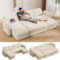 Vipbear 104 Sectional Sleeper Sofa Bed with Pull Out Bed U Shaped Couch Pull Out Couch with Reclining Backrest Reversible Storage Chaise USB Ports Tool-Free Assembly Corduroy Beige