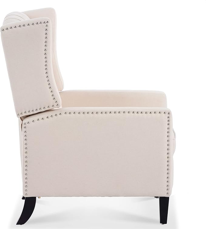 Pushback ReclinerComfortable Wingback Recliner Sofa Chair with Adjustable Backrest Tufted Fabric Upholstered Armchair Retro Rivets Decorated for Living Room Bedroom Office Home Theater (White)