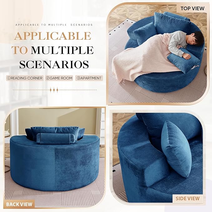 Modern Round Accent Sofa Chair for Living Room Upholstered Soft Terrycloth Barrel Lounge Arm Chair with Large seat&ampThrow Pillows for Bedroom Office Apartment Blue