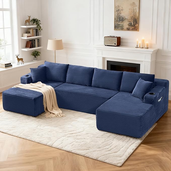 133.5 Blue Oversized U Shaped Cloud Couch Large Boneless Deep Seat Modular Sectional Sofa with Cup Holders &amp Side Pockets Modern Corduroy Foam Compressed Sofa Set for Living Room Apartment