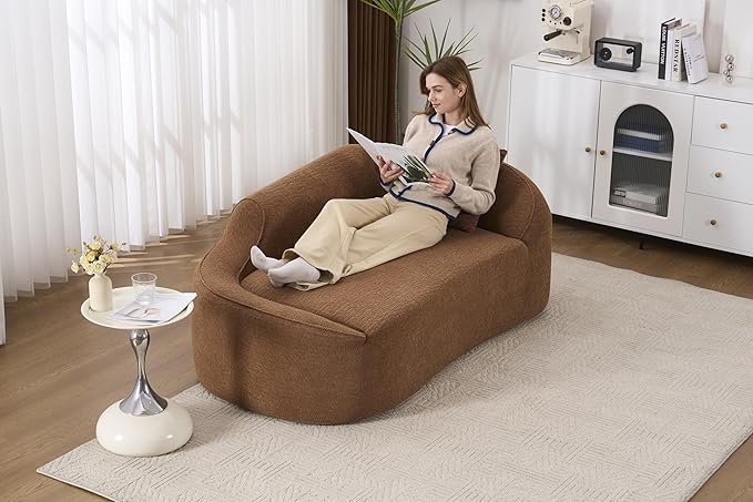 68 Curved Loveseat Sofa Modern Chenille Floor Couch with Pillow No Assembly Deep Seat Chaise Lounge for Bedroom Apartment Living Room Brown