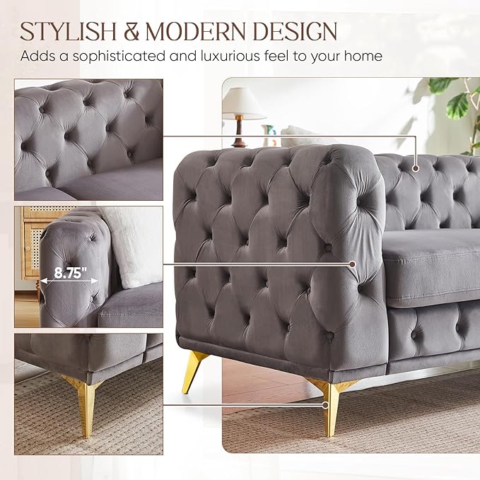 Mid Century Modern Couch and Loveseat Sofa Set Upholstered Velvet Couch with Button Tufted &amp Gold Legs Deep Seat Comfy Chesterfield Sofa for Living Room Bedroom Office(Loveseat + 3 Seater Gre