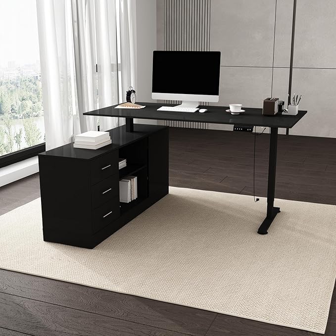 FUFU&ampGAGA 63” L-Shaped Standing Desk with Drawers Electric Height Adjustable Desk with File Cabinet Executive Computer Table Sit Stand Desks for Home Office Black 63”W x 55.1”D x 29.1”-44”H