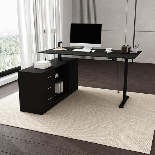 FUFU&ampGAGA 63” L-Shaped Standing Desk with Drawers Electric Height Adjustable Desk with File Cabinet Executive Computer Table Sit Stand Desks for Home Office Black 63”W x 55.1”D x 29.1”-44”H