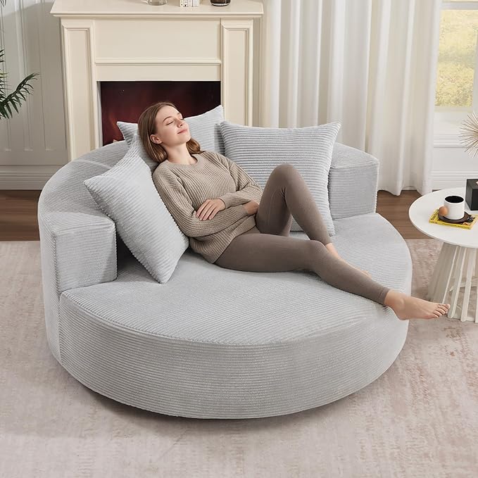 CANMOV Oversized Round Swivel Chaise Longue Chair Indoor Upholstered Corduroy Deep Seat Cloud Large Circle Sofa Chair Modern Single Cloud Sofa Bed for Living Room Bedroom Apartment Light Gray